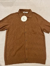 Criquet Brown Short Sleeve Button Up Polo Size L 100% Cotton 