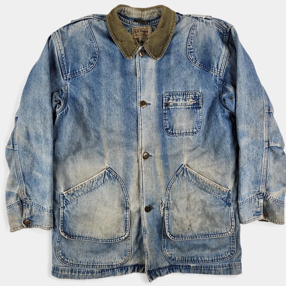 L.L. Bean Denim Barn Coat Mens Large Faded Blue Plaid liner Primaloft JX74 - Image 2 of 4