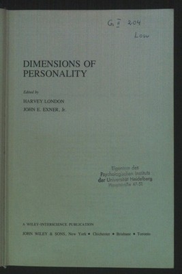 Dimensions of Personality. Wiley Series on Personality Processes London, Harvey 