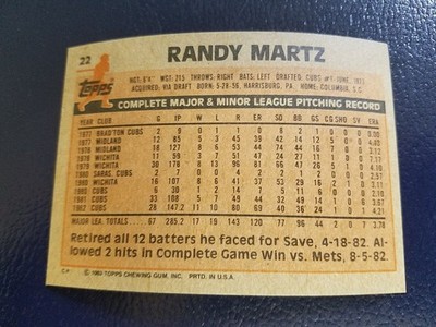 Randy Martz Chicago Cubs 1983 TOPPS #22 BLANK FRONT ERROR WOW