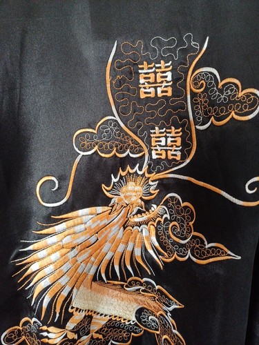 TANGYI MENS KIMONO ROBE BLACK & ORANGE EMBROIDERED SATIN XXL 42 - 48" ORENTIAL - Picture 10 of 19