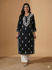 Lucknowi Rayon Chikankari Black Kurta  Cotton Kurti for Women  Size 38-56