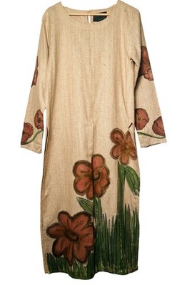 ASHRO Tunic Kaftan M Beige 100% Textured Silk Floral Painted Overlay Slit Artsy