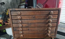 Vintage Old Wooden 7 draw spool box or display box each draw has plastic cover.