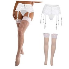 Plus Size High Waist Garter Belt Set Lace Mesh 3X-4X 2- White stocking