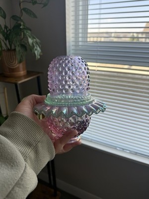 3-piece Fenton Fairy Lamp Rose Magnolia Hobnail w/ Sea Mist Green Trim