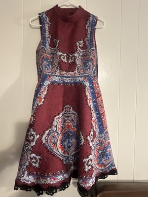 Comino Couture London Paisley Skater Dress Embellished Boho Sz 10 Red Maroon