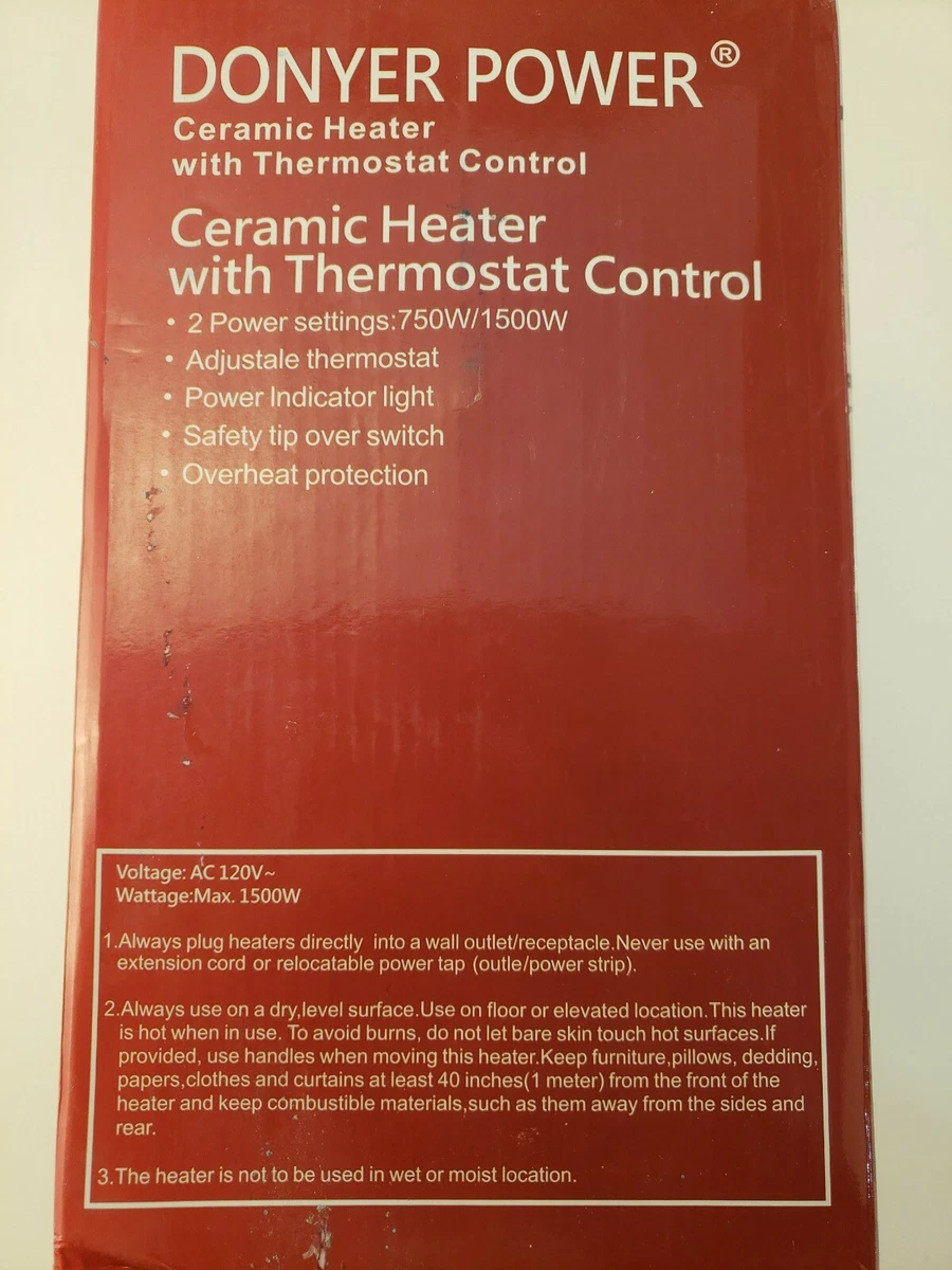 Donyer Ceramic Heater w/ Thermostat Control 2 Power Settings 750W/1500W |  eBay