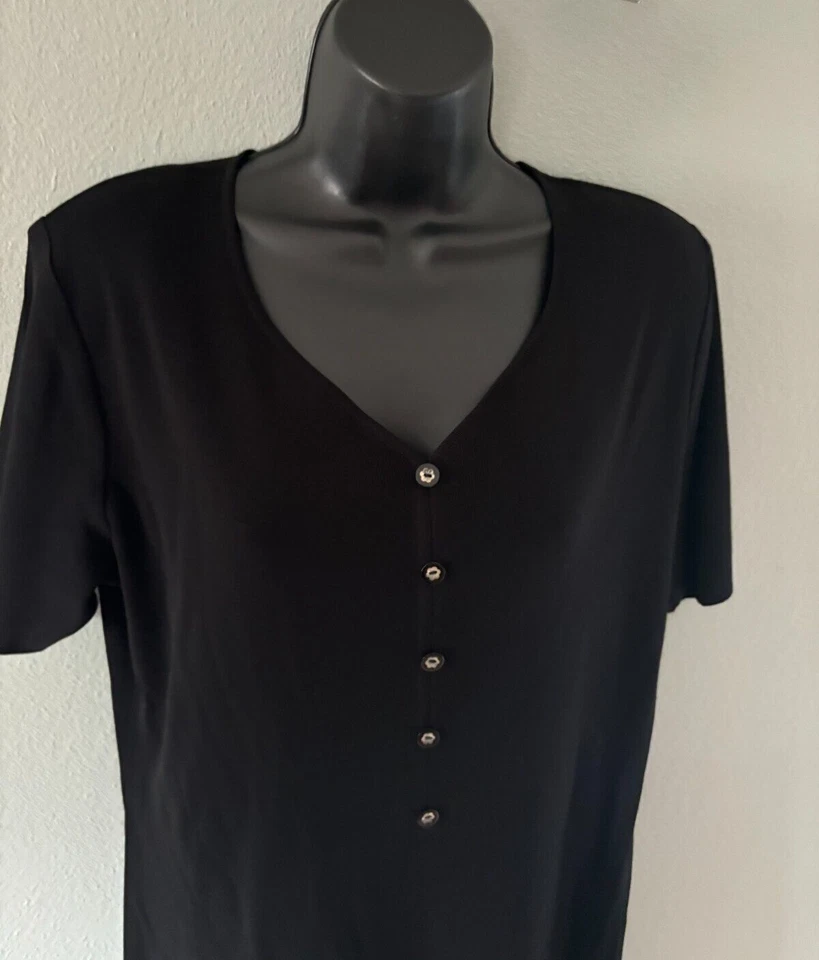 Exclusively Misook Size Large Womens V Neck Short Sleeve Black Midi Sheath Dress - Image 2 of 4