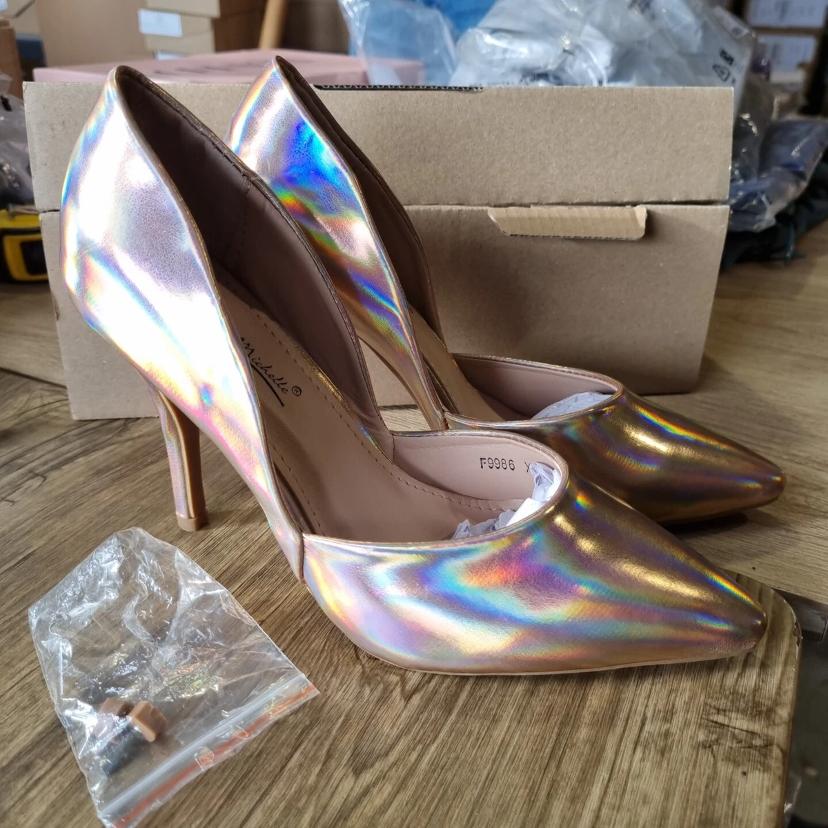 Anne Michelle Rose Gold Holographic Heels Size 4 BNIB eBay