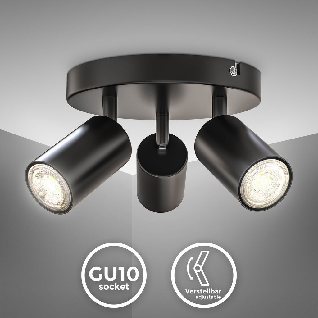 Plafonnier LED noir mat spot 3 flammes rondes GU10 orientable pour cuisine moderne