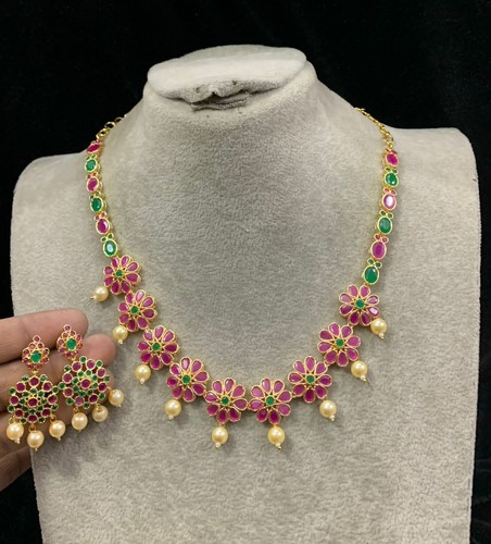 Ensemble De Collier Indien En Plaqué Or 22k - Rouge Et Zircones - Fait Main, Festival