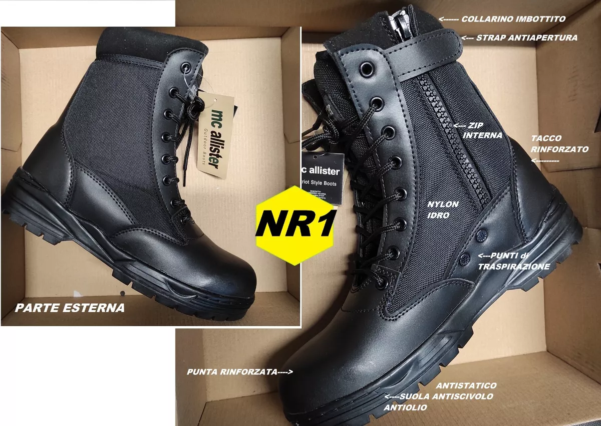 Anfibi calzature scarponcini militari sicurezza softair nero con zip  cerniera