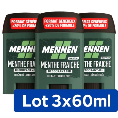 Lot 3 Déodorants Mennen MENTHE FRAICHE 48H Stick Large Sans Alcool 3 x 60ml - Photo 1/4