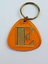 Vintage Letter E Orange plastic Keychain Gold letter Name Alphabet 1980's 