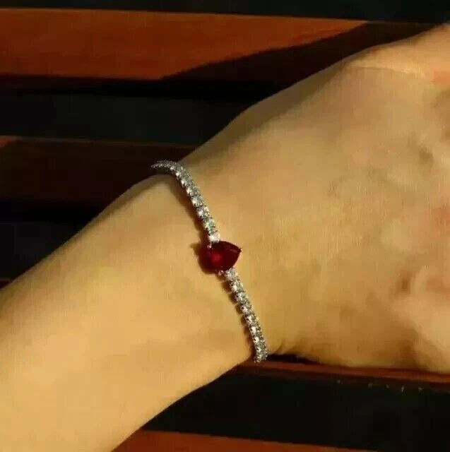 12Ct Created Red Ruby Heart Tennis Bridal Women's Bracelet 14K White Gold Finish - Image 2 of 4