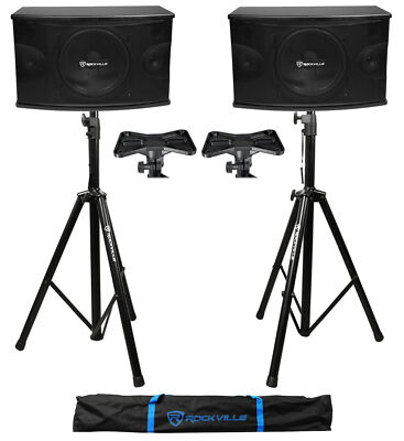Pair Rockville KPS10 10'' 3-Way 1200 Watt MDF Karaoke/Pro Speakers+Tripod Stands