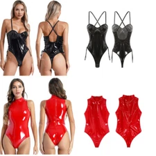 Womens Wet Look Patent Leather Bodysuit Underwire Side Lace-up Bodycon Leotard