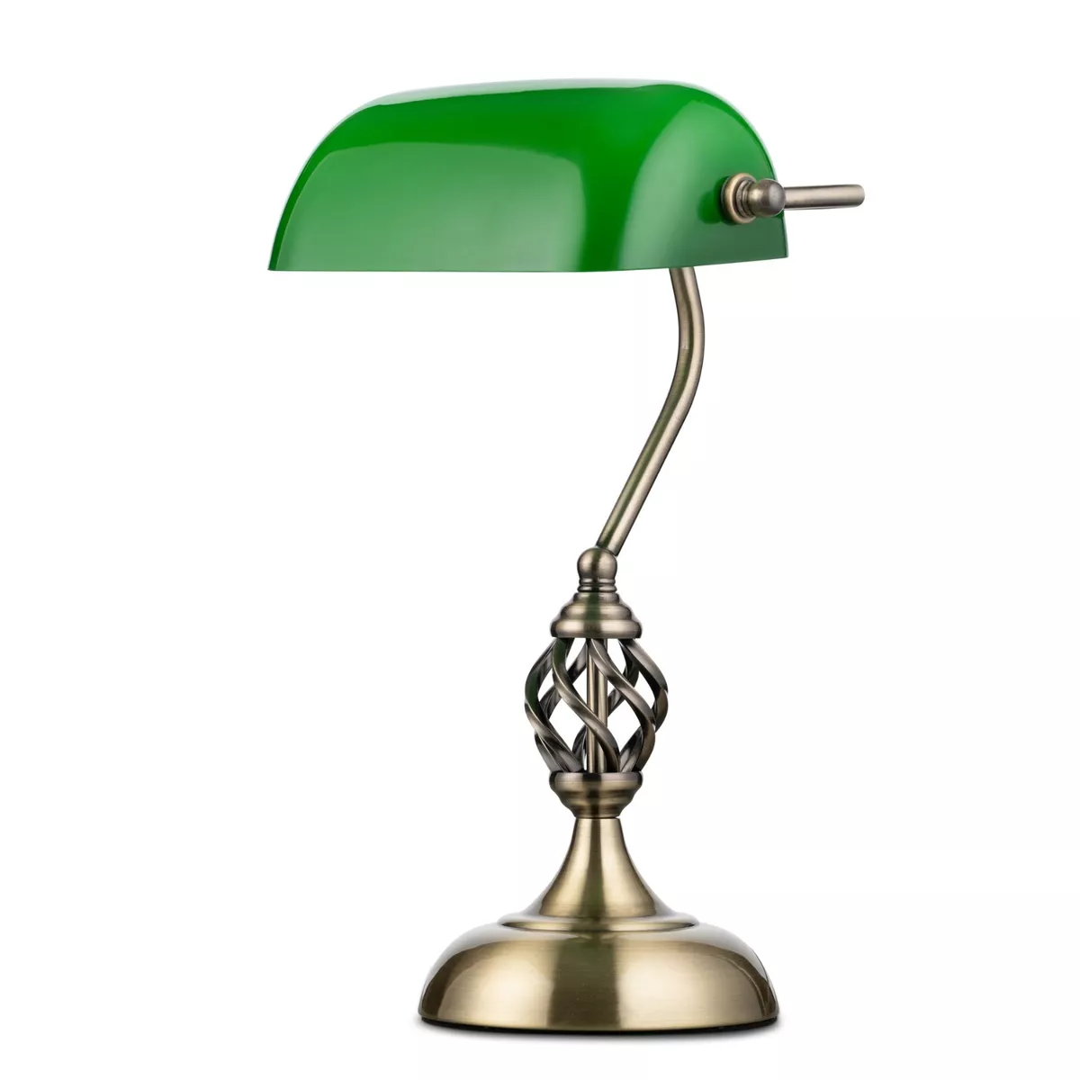 Kingswood Bankers Lamp Green Glass Traditional Barley Twist Antique Brass