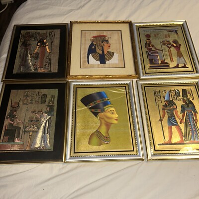 Vintage Egyptian Art Prints Metallic Reflective Scenes 8x12  Framed Hieroglyphic