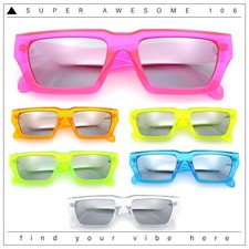 Neon Mod Silver Mirror Narrow Rectangle Cat Eye Plastic Retro Sunglasses