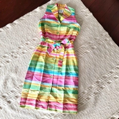 Vintage 90s Old Money David Warren Rainbow Striped Silk Belted Dress size 4