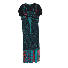 CAROLE LITTLE Short Sleeve Maxi Dress Attached Vest 2 Black Teal VTG 90s Boho