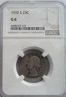 1932 S WASHINGTON SILVER QUARTER NGC G 6