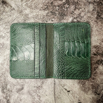 Real Green Ostrich Leather Cardholder Minimalist Bifold Unisex Wallet Handmade