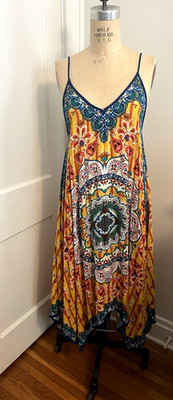 Jealous Tomato Boho Colorful Mandala Print sun Dress handkerchief hem Size M