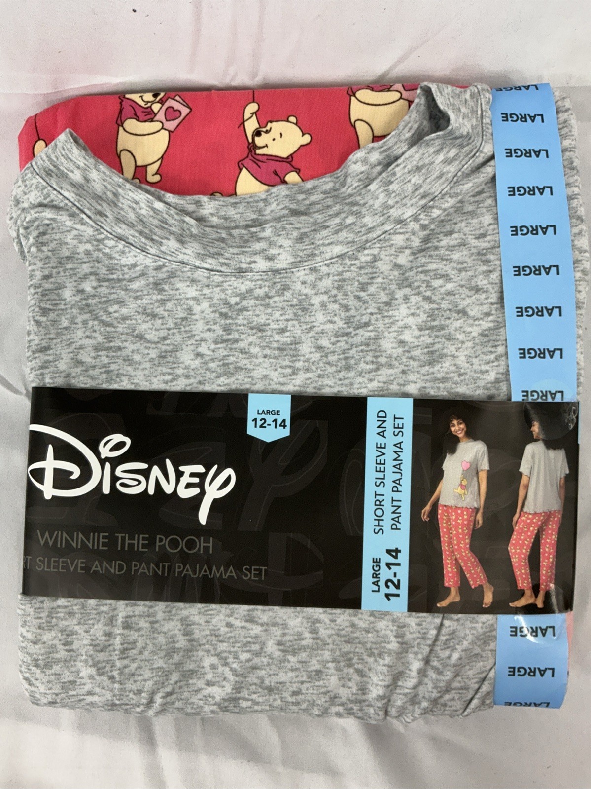 Women’s Large Winnie The Pooh PJs Short Sleeve & Pant Pajama Set Grey & Coral