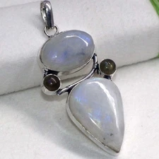 Long Rainbow Moonstone Fiery Labradorite Gemstone Pendant 2.5" JW
