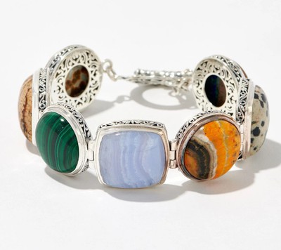 Handwerklich gefertigt Sterlingsilber ausgefallen Kissen Multi-Edelstein Bahnhof Armband.