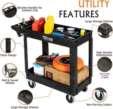 Plastic Service Utility Cart 2-Tier Mobile Storage Organizer for Warehouse Black