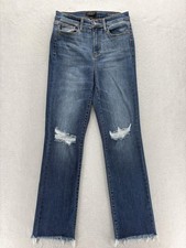 Judy Blue Straight Fit Jeans Womens 9/29 Blue Wash High Rise Distressed Raw Hem