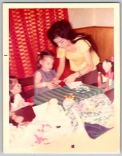 Vtg Color Snapshot Woman & Girls Opening Birthday Gift Mickey Mouse Toy 1970s