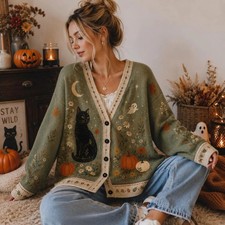 Halloween Black Cat Wildflower Pumpkin Cardigan, Cottagecore Knit Sweater