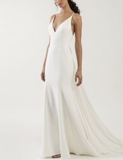 Jenny Yoo Marley Wedding Dress 12 Ivory Crepe Fit & Flare Organza Sash Modern