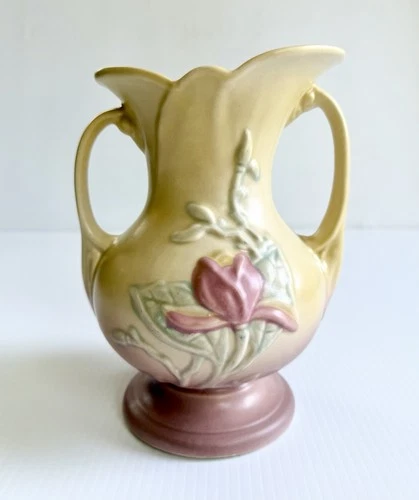 Vintage Hull Art Pottery Floral Vase Matte Pink Yellow Pastel Double Handle 8.5”