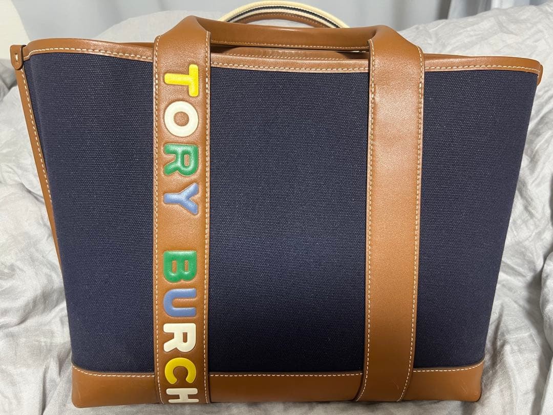 Tory Burch Perry Multistripe Canvas Leather Navy Tote Bag Women's From Japan thumbnail 23