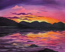 Tramonto costiero. Quadro originale su tela. Costa, paesaggio marino oceanico. 8x10"