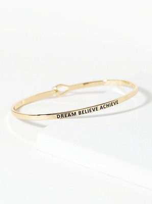 Dream Believe Achieve Engraved Brass Bangle, Gold or Silver Tone
