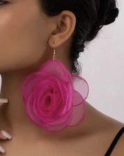 Pink Flower Earring Big Fuchsia Dangle Pierced Wedding Huge Large Rose
