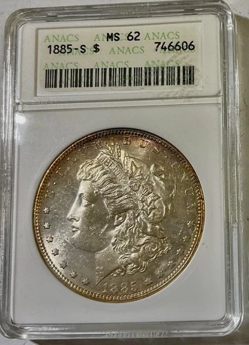 1885 S Morgan Silver Dollar ANACS MS62 old soap box holder Nice! Light rim tone