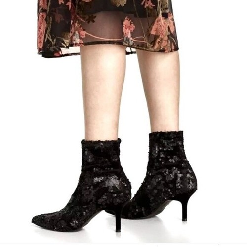 ZARA Sequin Ankle Boot with velvet Heel 