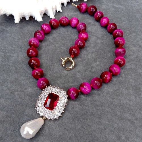 Fuchsia Tiger Eye Necklace Cubic Zirconia Pave White Shell Pearl Pendant - Picture 4 of 6