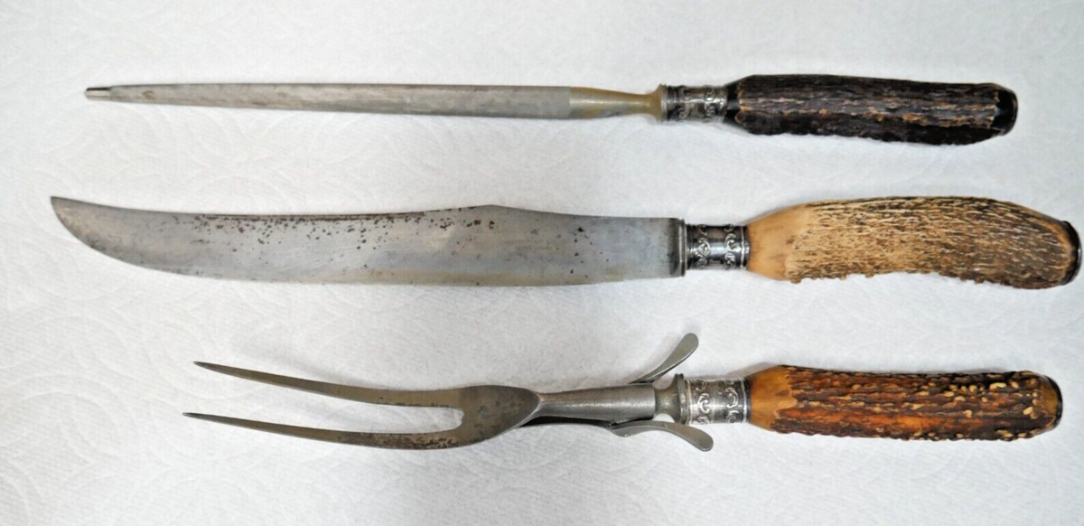 Antique Pat. 1886 Landers Frary & Clark Stag Handle Knife+Fork