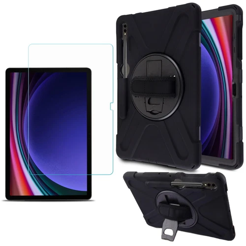 Combo of Tablet Back Cover with Rugged Stand, Hand, Neck Strap  & Tempered Glass