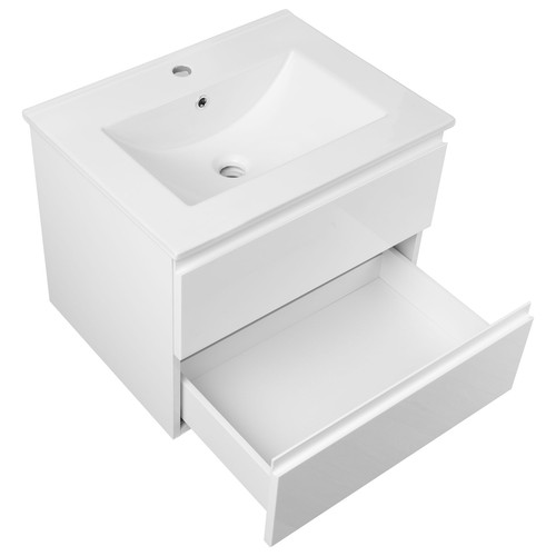 Badmöbel Set mit Waschbecken Keramik RENO 60cm WEISS HOCHGLANZ MDF LED SOFTCLOSE - Bild 3 von 16