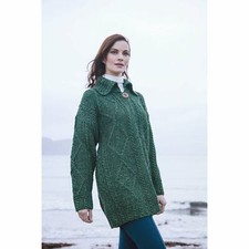 Merino Wool Jacket Irish Aran Knit Cardigan Single Button Warm Comfy Green